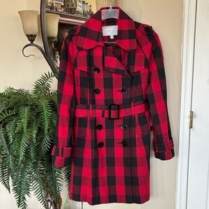 Jessica Simpson Buffalo Plaid Red Black Belted Coat Long Christmas Trench Jacket